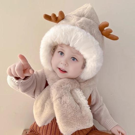 Детская шапка с дизайном шарфа, украшение в виде рогов, утолщенная теплая плюшевая зимняя шапка, ветрозащитная, для ношения на открытом воздухе зимой