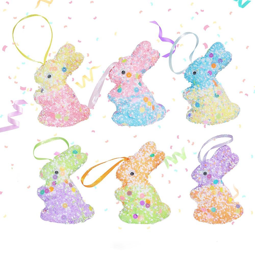 6Pcs Cute Colorful Foam Easter Rabbit Animal Mold Painted Sequin Bunny Ornament Hanging Sparkle Rabbit Figurine Celebration