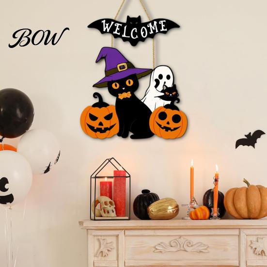 Halloween Gift for Friends Wooden Welcome Door Sign, Pumpkin Ghost Bat Hanging Decor Yard, Home Party Entrance Rustic Wood Art Sign