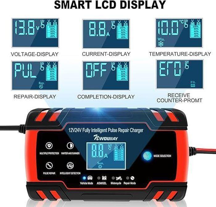 Battery Charger - Intelligent - 12V/24V - 8A - LCD Display - Multiple Protection