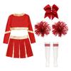 Kids Girls Cheerleading Set Long Sleeve Crop Top with Pleated Skirt and Bowknot Headwear Knee High Stockings 2Pcs Flower Balls for Dance Performance