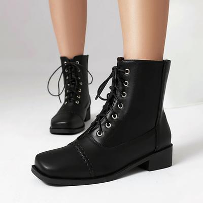 Модные универсальные женские ботильоны Осень/зима Британский стиль Искусственная кожа Короткие ботинки Шнурки Для поездок на работу Плоская подошва Мотоциклетные ботинки