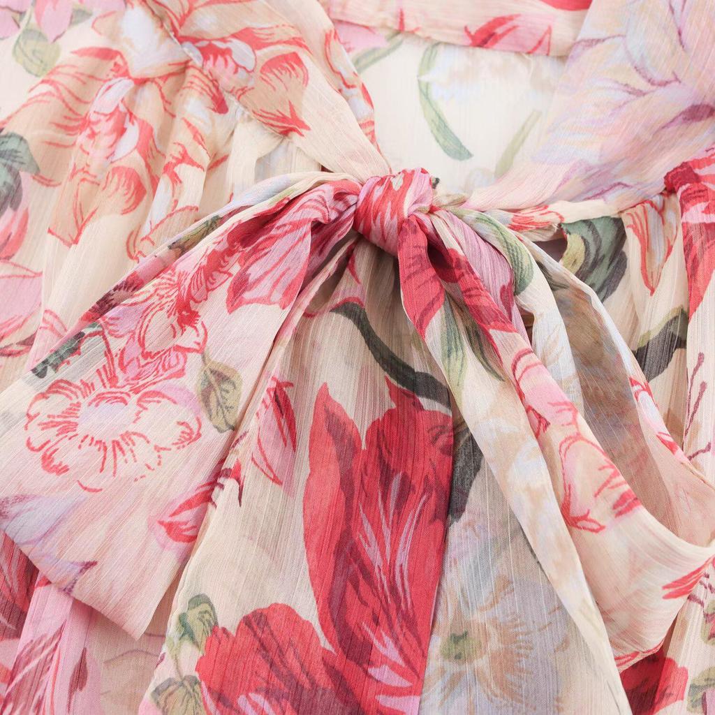 Весна 2025 Женское платье с цветочным принтом и завязывающейся горловиной с поясом