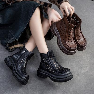 Дышащие летние ботинки с открытыми отверстиями в стиле ретро, ​​сандалии на платформе из натуральной кожи, женская обувь на толстой подошве