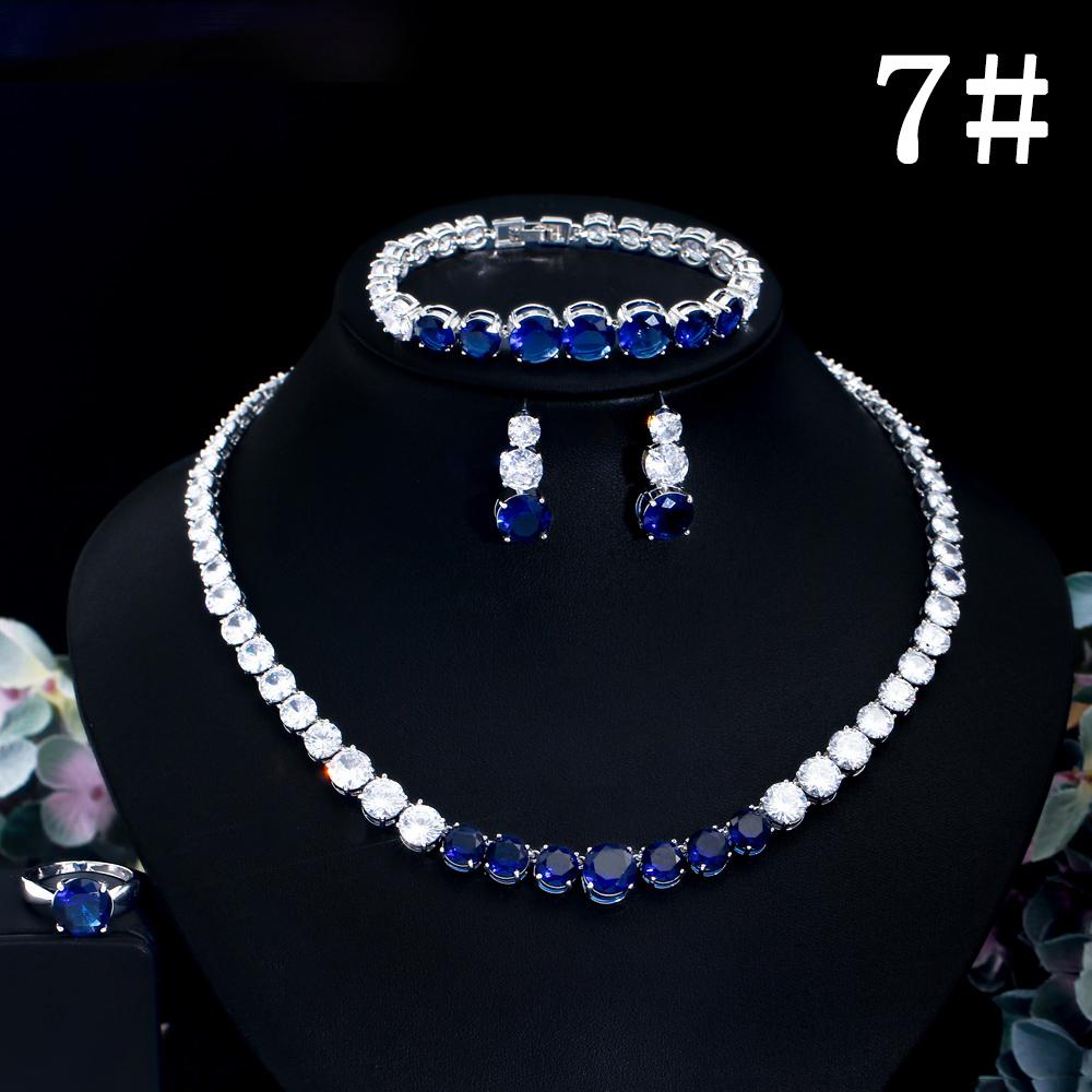 CMM 4PS Роскошный комплект свадебных украшений, ожерелье, кольцо, серьги, браслет, сапфировый цвет/рубиновый цвет, цирконий