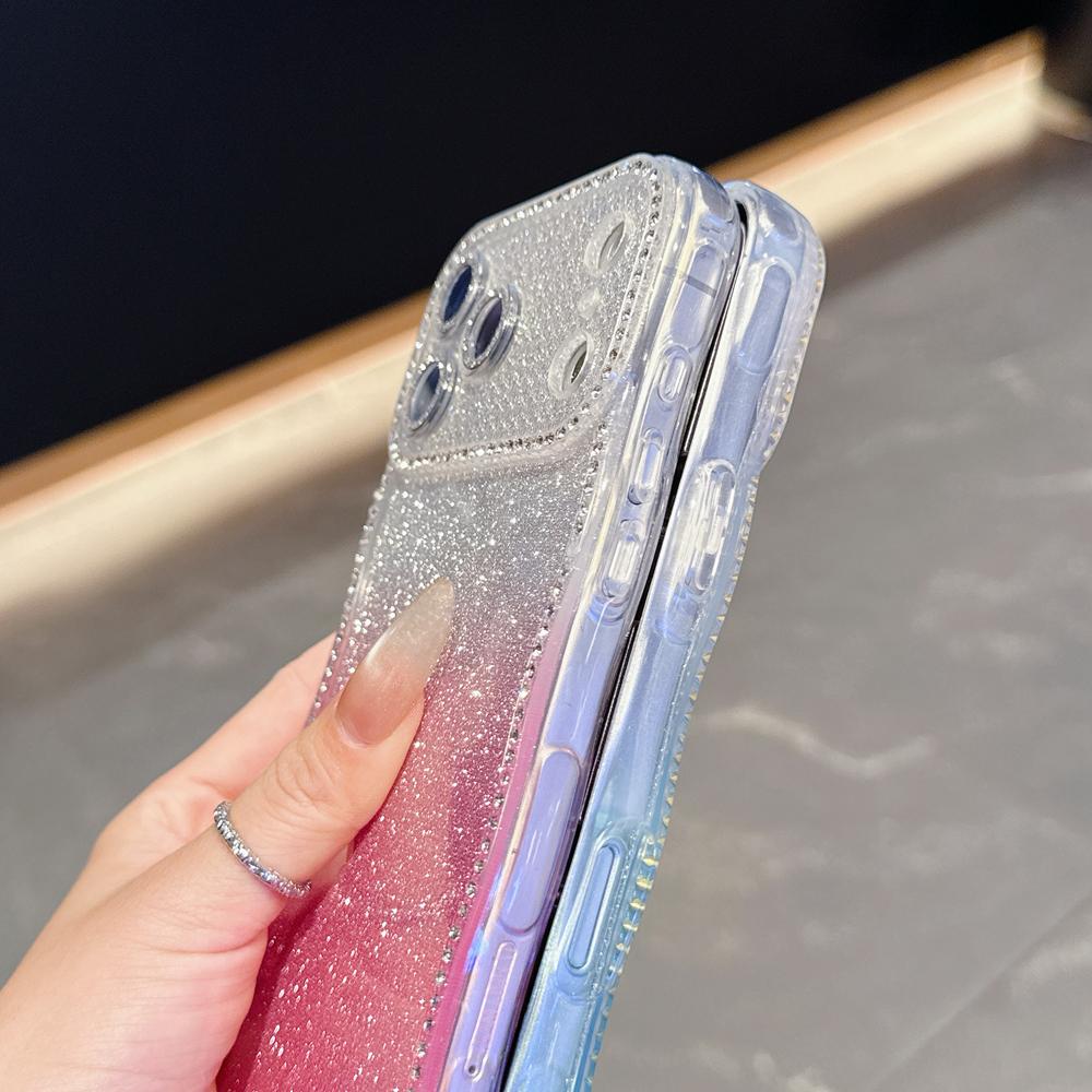 KEYSION Чехол для телефона с градиентом, блестками и стразами для iPhone 16 17 Pro Max Air 16 Plus, с волнистым краем, защитой камеры, противоударный