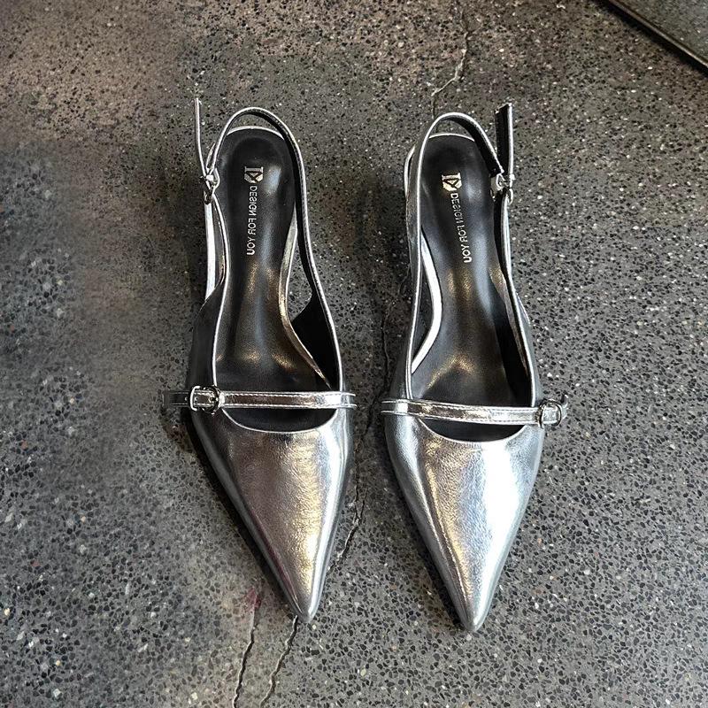 2025 весна и лето новые туфли-босоножки на высоком каблуке с острым носком и пряжкой, на тонком каблуке, элегантные, сексуальные, с закрытой пяткой и ремешком сзади