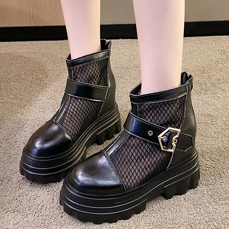 Fashion Mesh Breathable Summer Ankle Boots for Women Hollow Out Thick Bottom Cool Boots Woman Chunky Platform Punk Motorcycle Booties