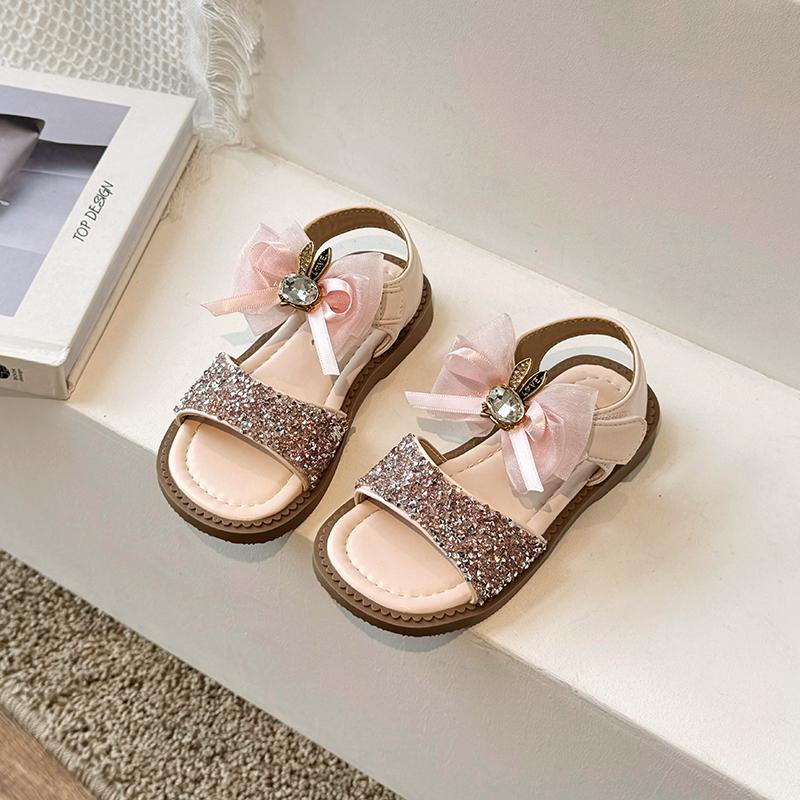 Сандалии принцессы с блестками для девочек, простые детские летние пляжные модные детские блестящие кожаные сандалии с бантом 2024 года, новинка