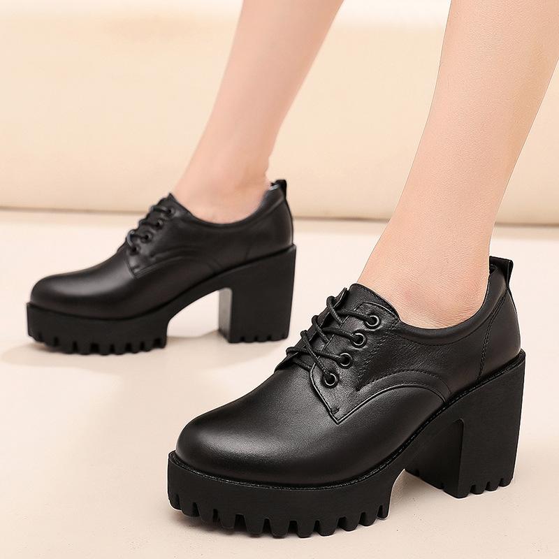 8cm Small Size 32-43 Deep Mouth Women's Block Square Heels Shoes Platform 2025 Fall Winter Bright Leather Oxfords Office Mom