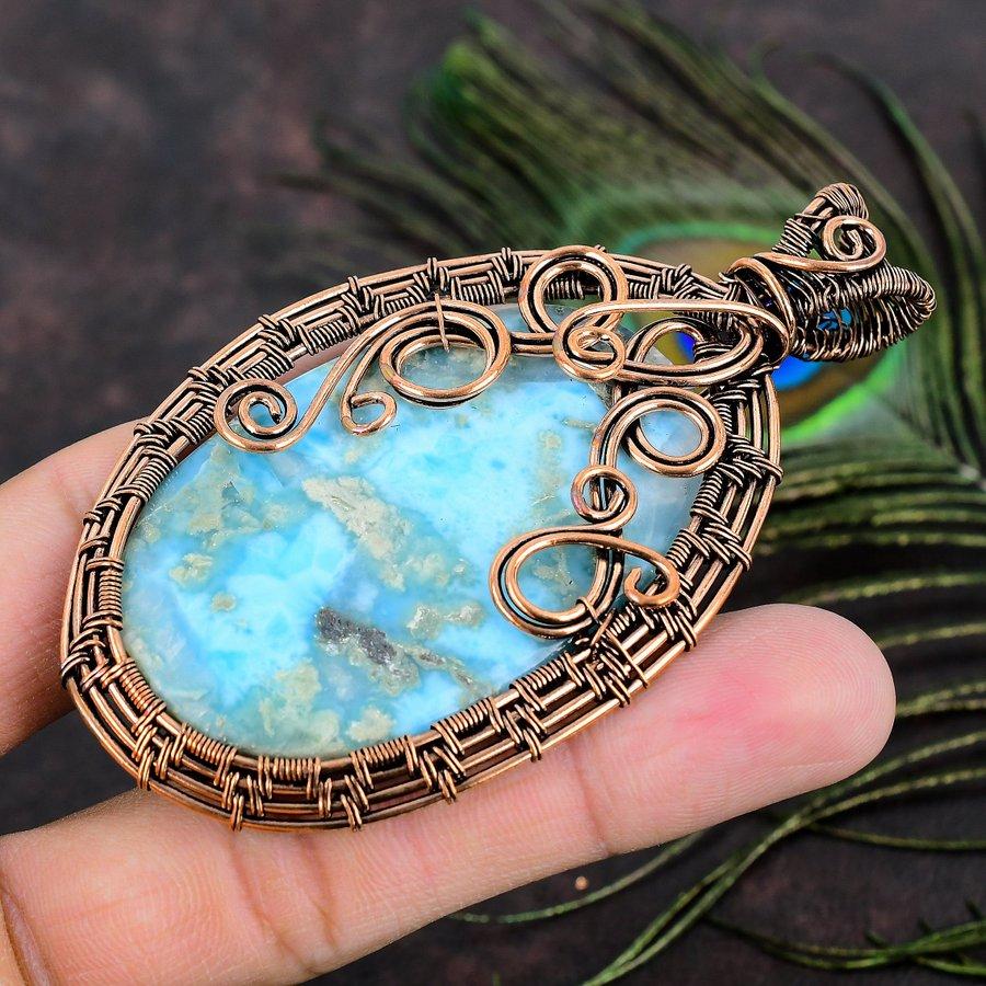 Подарочный кулон в обертке из медной проволоки с натуральным карибским драгоценным камнем Ларимар 3,62 c5a72