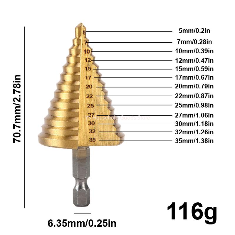 Wood Plastic Aluminum Hole Expand Tool Accessory 5-35 Gold Titanium Plate Pagoda Drill Hexagonal Straight Groove Step Drill Bit