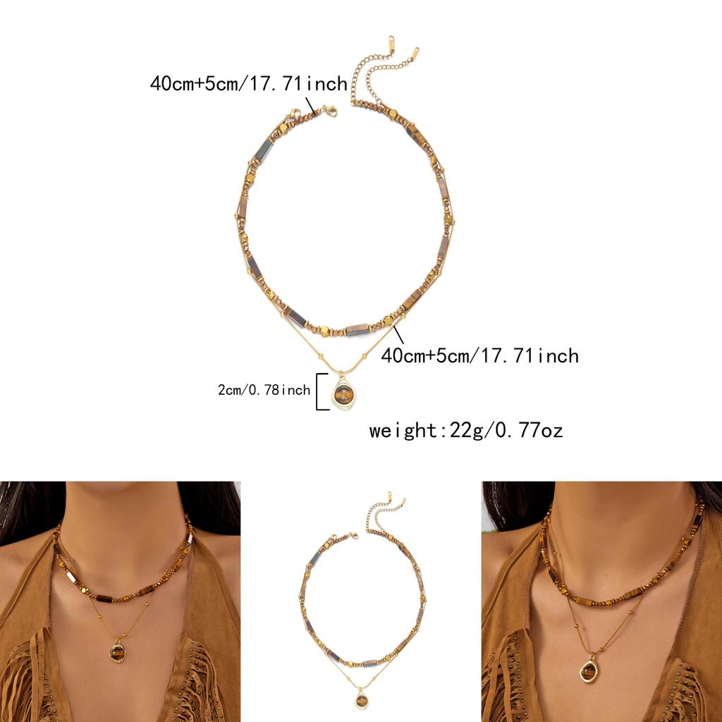 Tiger Eye Beaded Necklace With Geometric Shape Steel Pendant For Elegant Casual Attire