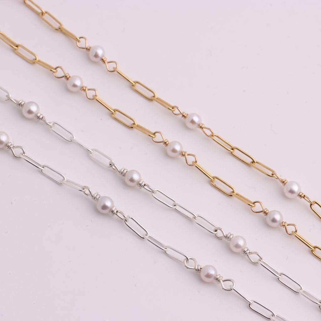 14K Gold Filled/S925 Silver 5.5*2mm Paperclip Chain Beaded 3.5mm Fresh Water Pearl for DIY Permanent Necklace Bracelet Jewelry