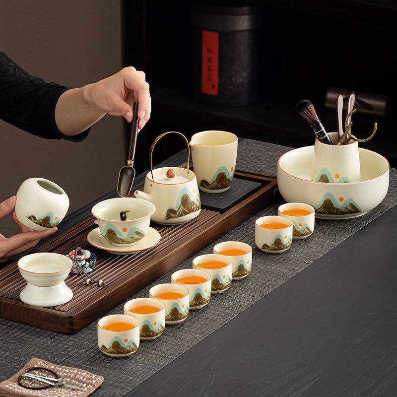 Ru Kiln Qingshan Kung Fu Tea Set Light Luxury Teapot Household Set Ceramic Retro High-end Tea Cup Complete Set