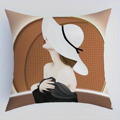 Short Plush Material Pillowcasehome Decor Fashionable Women With Hats And Flowers Cushion Pattern Cushion Cover Suitable For Sof