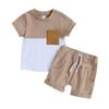 Toddler Boys Summer Outfit Sets Short Sleeve Contrast Color Tops + Solid Color Drawstring Shorts