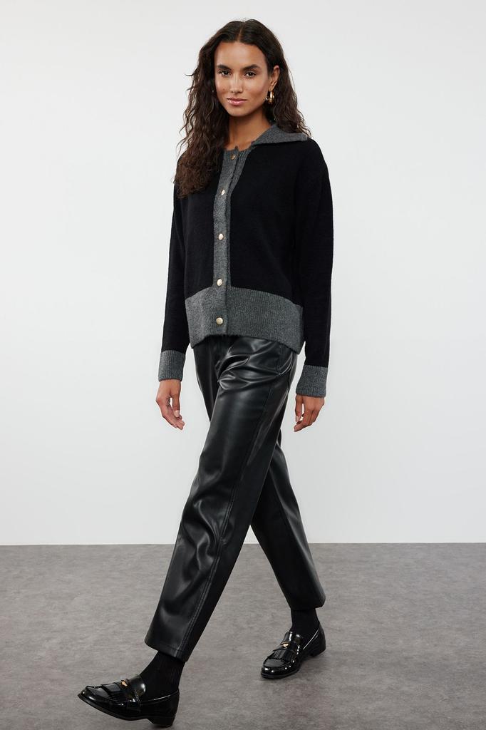 Women's Elegance Style Cardigan Anthracite Soft Textured Color Block Knitwear Cardigan