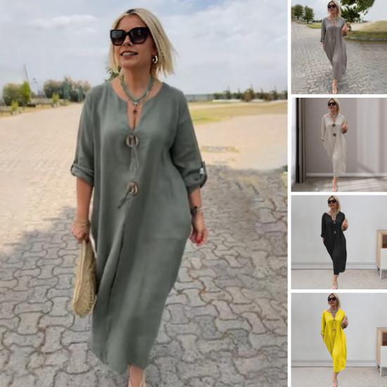 Женское платье с v-образным вырезом и пуговицами, декор с длинными рукавами, свободное однотонное платье размера плюс до середины икры, простой стиль, повседневное платье миди