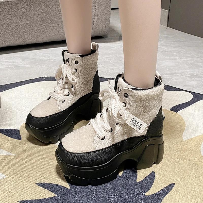Ботинки на шнуровке с толстой подошвой и высоким каблуком из плюша и хлопка для женщин, зимние теплые, удобные, модные, увеличивающие рост, спортивная обувь