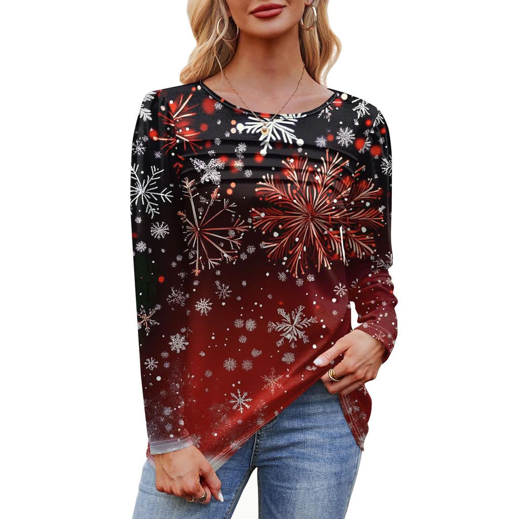 Женская модная повседневная рождественская футболка с круглым вырезом и длинными рукавами