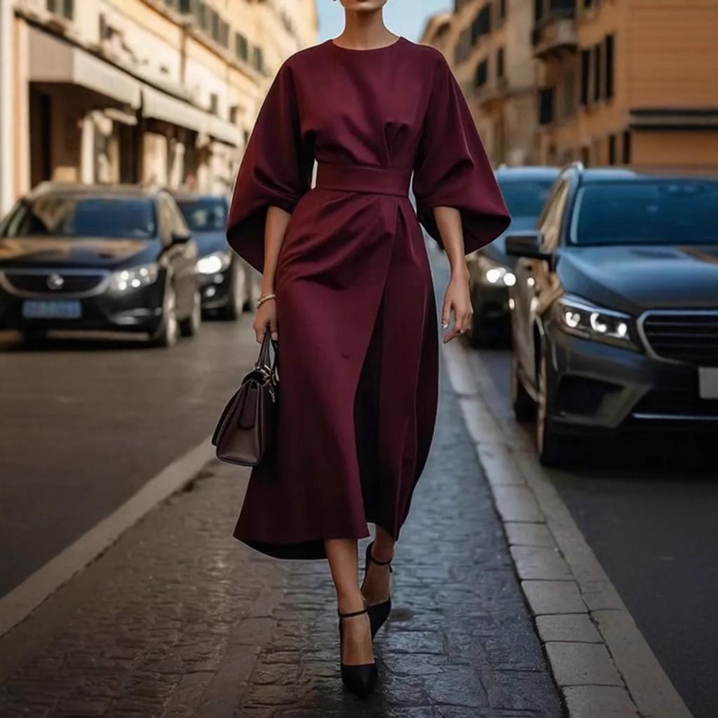 Модный темпераментный элегантный однотонный цвет платье с завышенной талией повседневная длинная юбка с рукавами «летучая мышь»