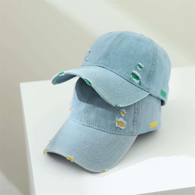 Washed denim side embroidery baseball hat men and women ripped couple soft top sunshade sun protection cap