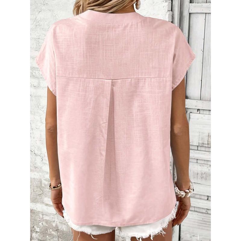 Summer Short Sleeve Loose Women Blouse New V-neck Button Retro Cotton Shirts Office Casual Simple Tops Shir… More