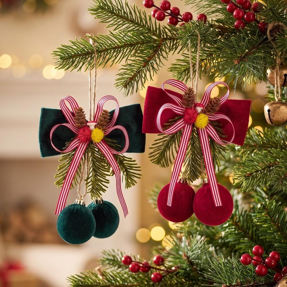 Striped Ribbon Christmas Bowknot Pendant Pine Sprig Xmas Tree Hanging Pendant Holiday Decoration