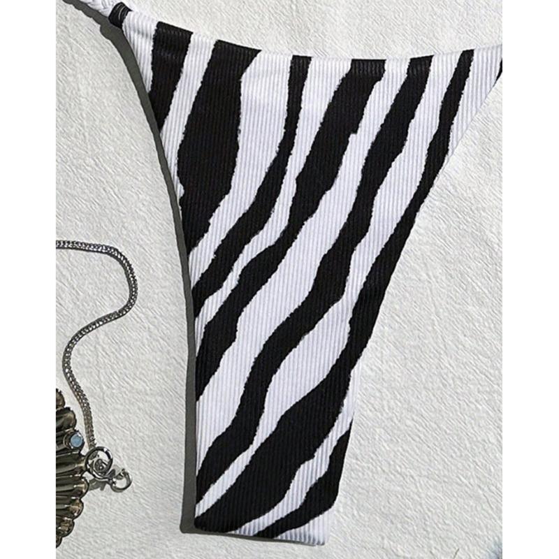 Zebra Halter Mini Thong Bikini Women Swimwear Female Swimsuit Two-pieces Bikini Set Padded Bather Bathing Suit Swim