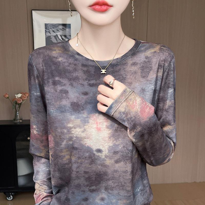 Women S Long Sleeve Round Neck Thin Printed Tie Dye Knit Base Top