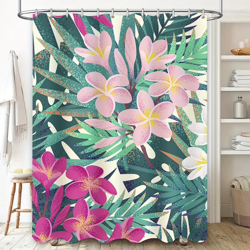Яркая Цветочная Зелень Шторка для Душа Водонепроницаемая Ткань Декоративная Ванная Подвеска для Ванной Комнаты, Розовые Белые Цветы на Синем Фоне