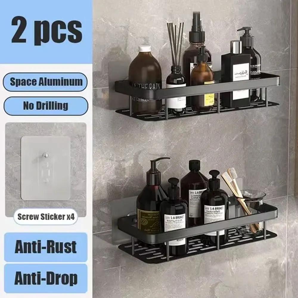 Kitchen Storage Bathroom Shelves Organizer Aluminum Alloy Shower Shelf  Accessories Shampoo Rack Multi-scenario No Drill Shelf