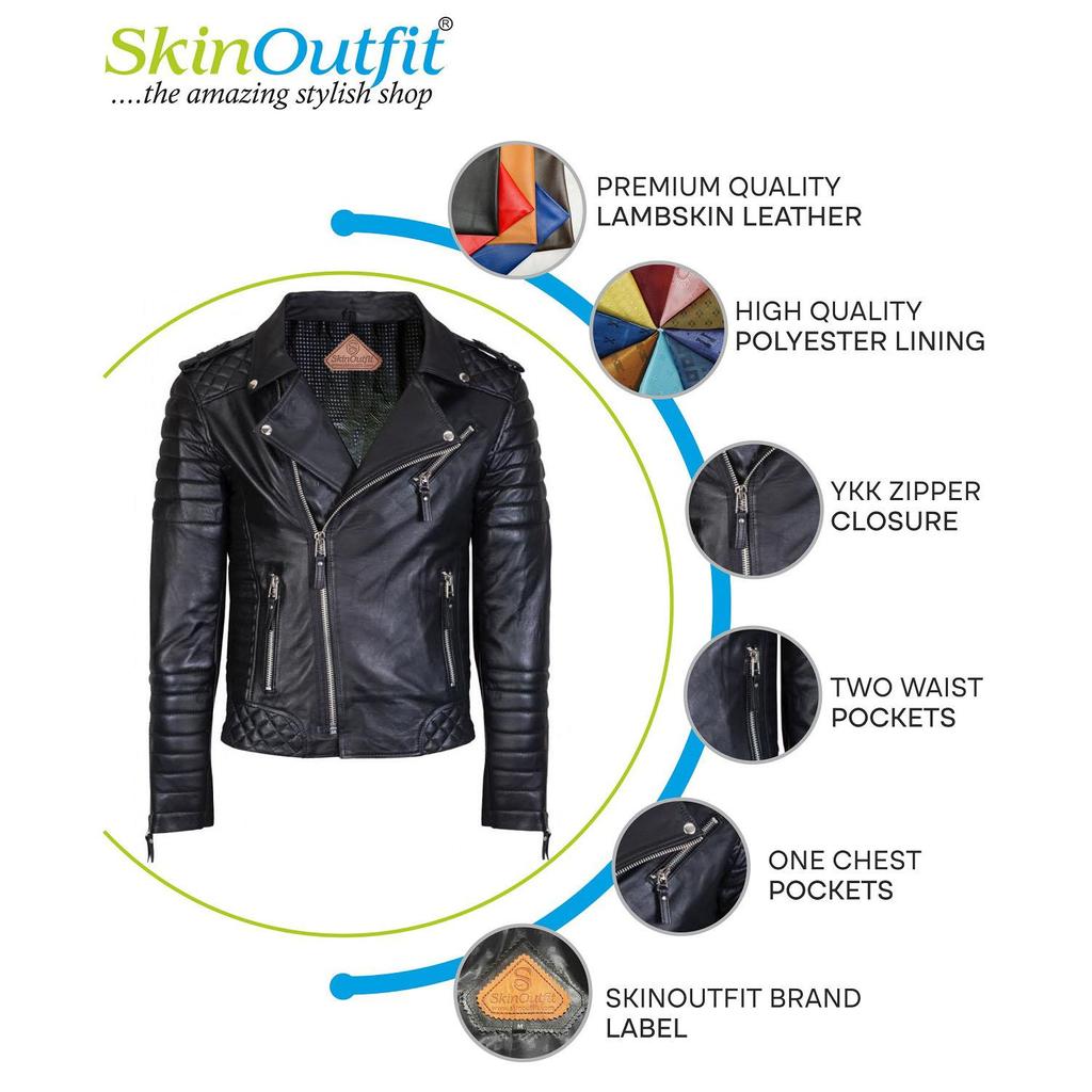 SKINOUTFIT Мужская мотоциклетная кожаная куртка из натуральной черной овчины, кафе-рейсер, байкерская верхняя одежда