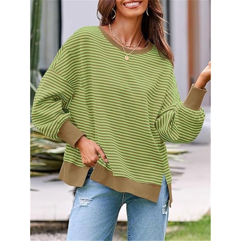 Women Striped Crew Neck Sweatshirt Loose Oversized Long Sleeve Pullover Casual Daily Blouse Top