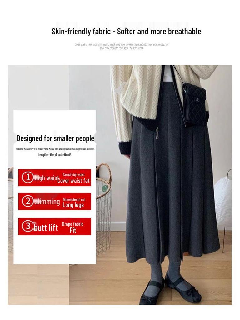 Women's Petite High-Waisted Gray Wool Pleated A-Line Skirt for Spring/Summer