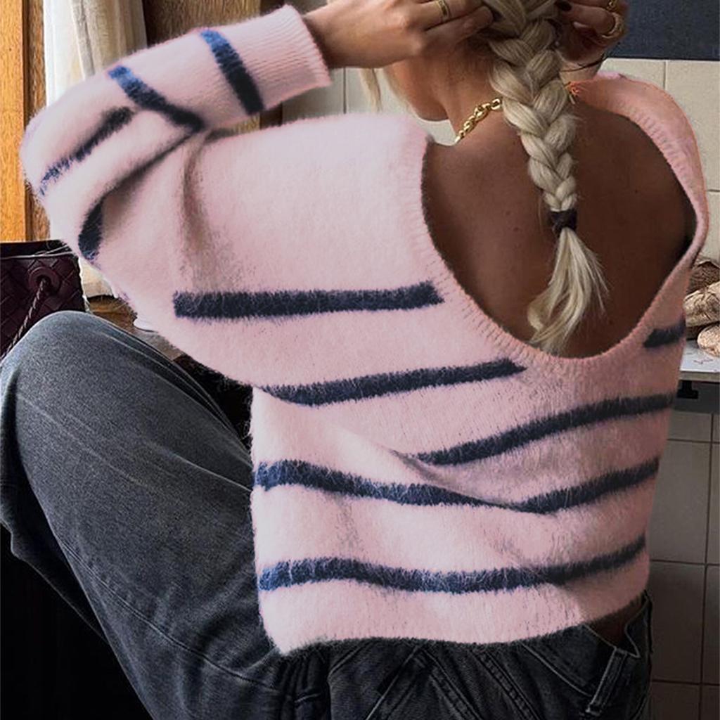 Повседневный полосатый шерстяной свитер с длинным рукавом для женщин 2025 Осень и Зима