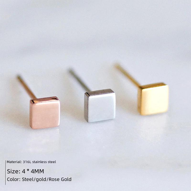 St. Delan Stainless Steel Small Square Fashion Earrings – Simple, Mini Titanium Studs
