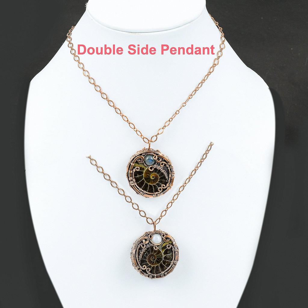 Ammonite Fossil Copper Pendant Copper Wire Wrapped Pendant Rainbow Moonstone Jewelry Handmade Pendant For Gift Labradorite Gemstone Jewelry