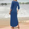 Women Maxi Dress with Side Pockets V Neck 3/4 Sleeves Loose Slit Hem Solid Color Patchwork Solid Color Loose Pullover Beach Dress