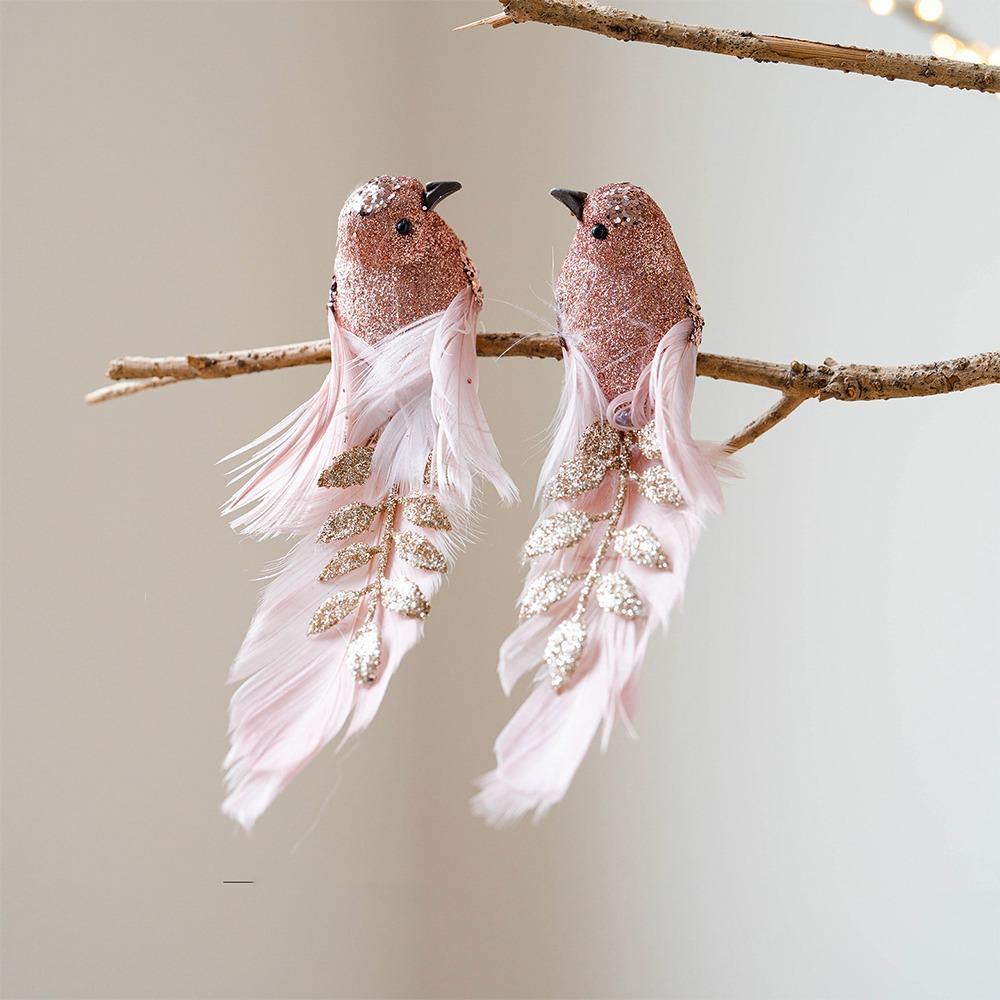 1 Pair Long Feather Tail Christmas Tree Bird Pendant Foam Bird Figurines Handicraft