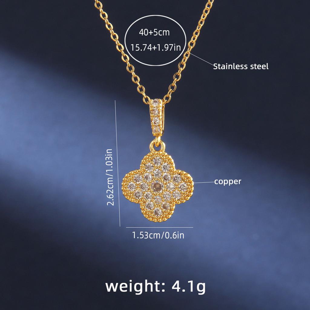 Copper Micro Inlaid 18K Gold Zircon Clover Stainless Steel Necklace
