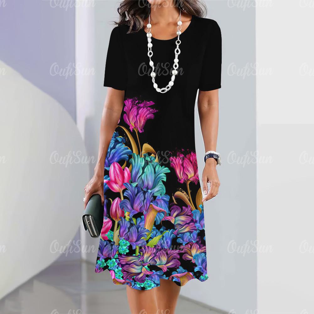 Elegant Women‘S Dress 3d Flowers Print Woman Clothing Casual Fashion A-Line Skirt Summer Oversized Female Beautiful Dresses 2024