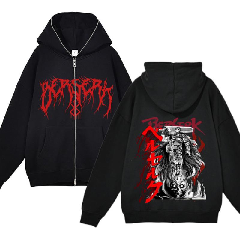 Berserk Sweatshirt Full Zip Jackets Y2k Hoodies Casual Sweatshirts Anime Print Coat Autumn Fleece Clothing Guts Hooded for Men