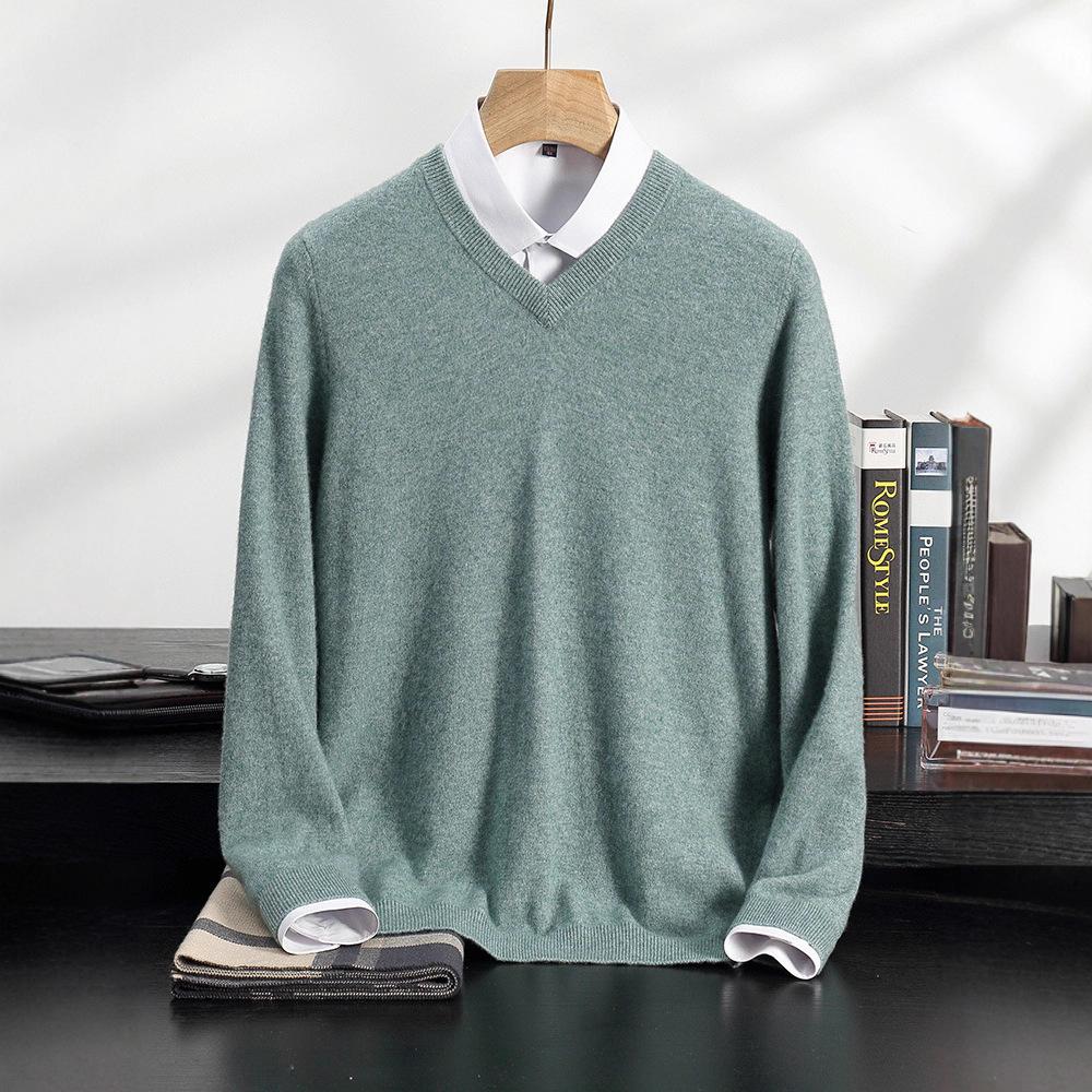 Новый однотонный кашемировый свитер с V-образным вырезом, мужской пуловер с длинным рукавом, свободный свитер с шерстяным свитером внутри