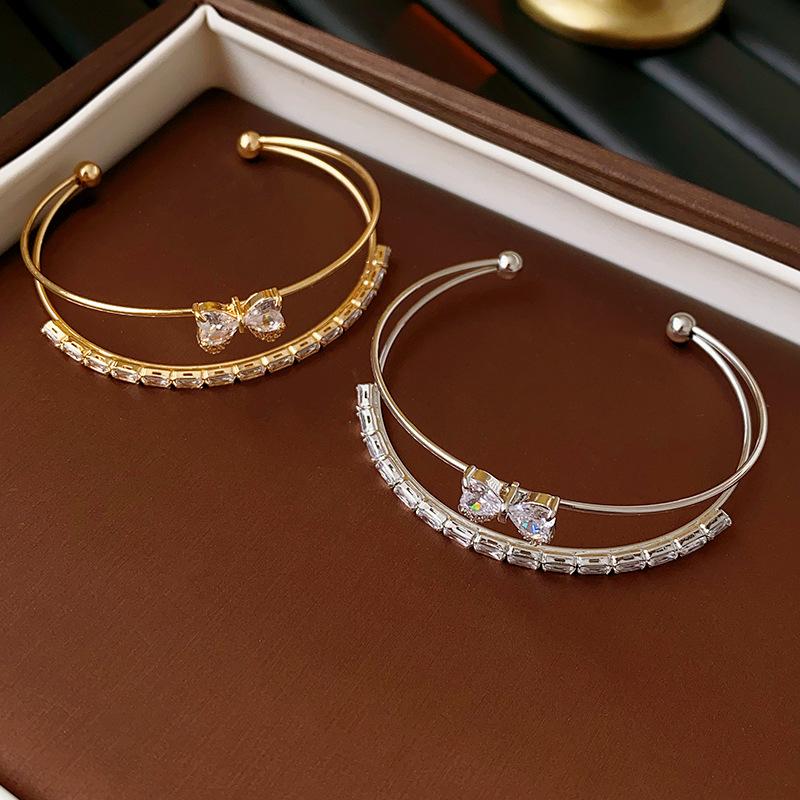 New Shiny Zircon Bow Bangle Women Heart Shape Double Layer Open Adjustable Bracelet Exquisite Banquet Daily Wear Jewelry Gifts