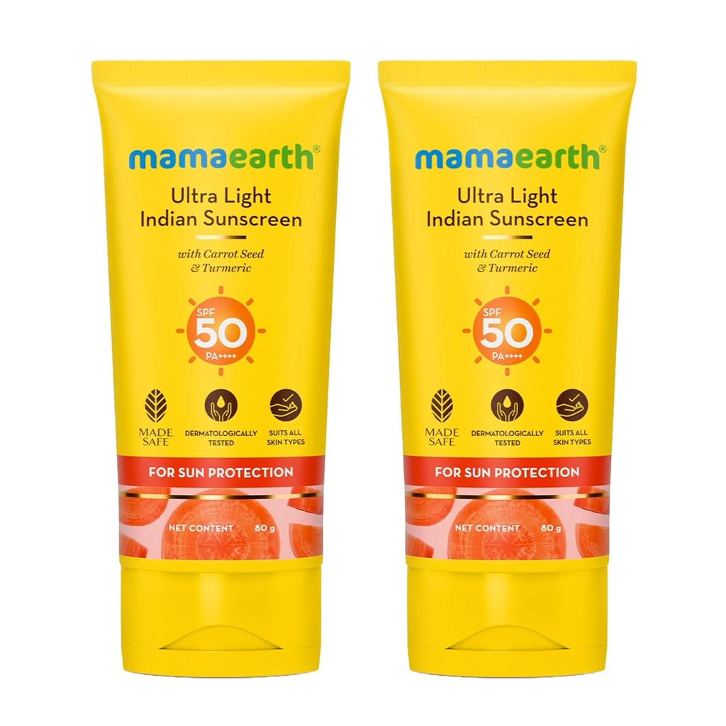 Mamaearth Ultra Light Sunscreen SPF 50 PA++++ For Face & Body | Tan Removal | Non-Greasy | No White Cast | 80g X 2 | All Skin Types