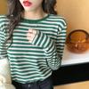 Полосатая нижняя рубашка для женщин, новый стиль весна-осень, контрастный цвет, круглый вырез, футболка с длинными рукавами, топ на раннюю осень