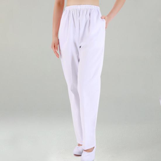 Летние брюки для медсестры со средней посадкой и эластичной резинкой на талии, широкие длинные брюки, однотонные женские рабочие брюки с карманами