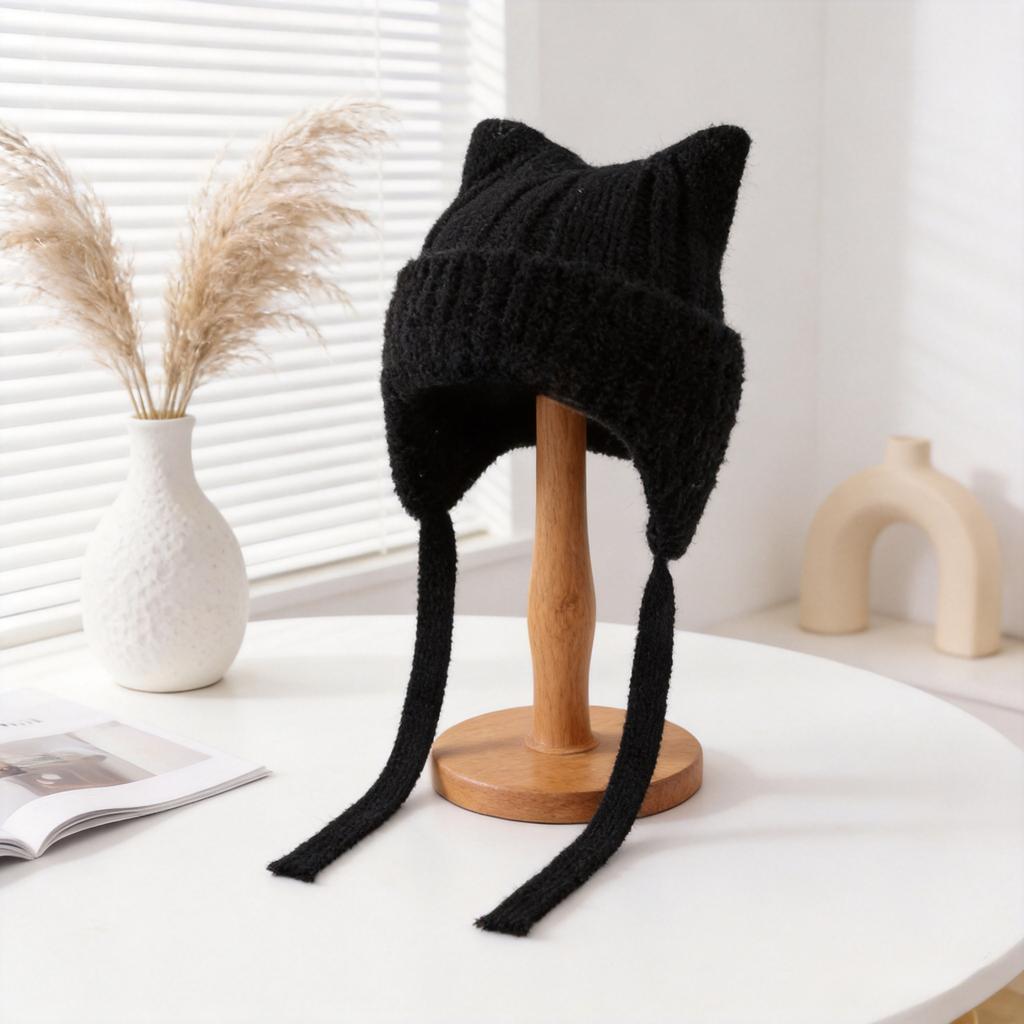 Cat Ears Plush Ear Hat Women's Winter Warm Knitted Hat Show Face Cute Sweet Wool Hat Autumn and Winter
